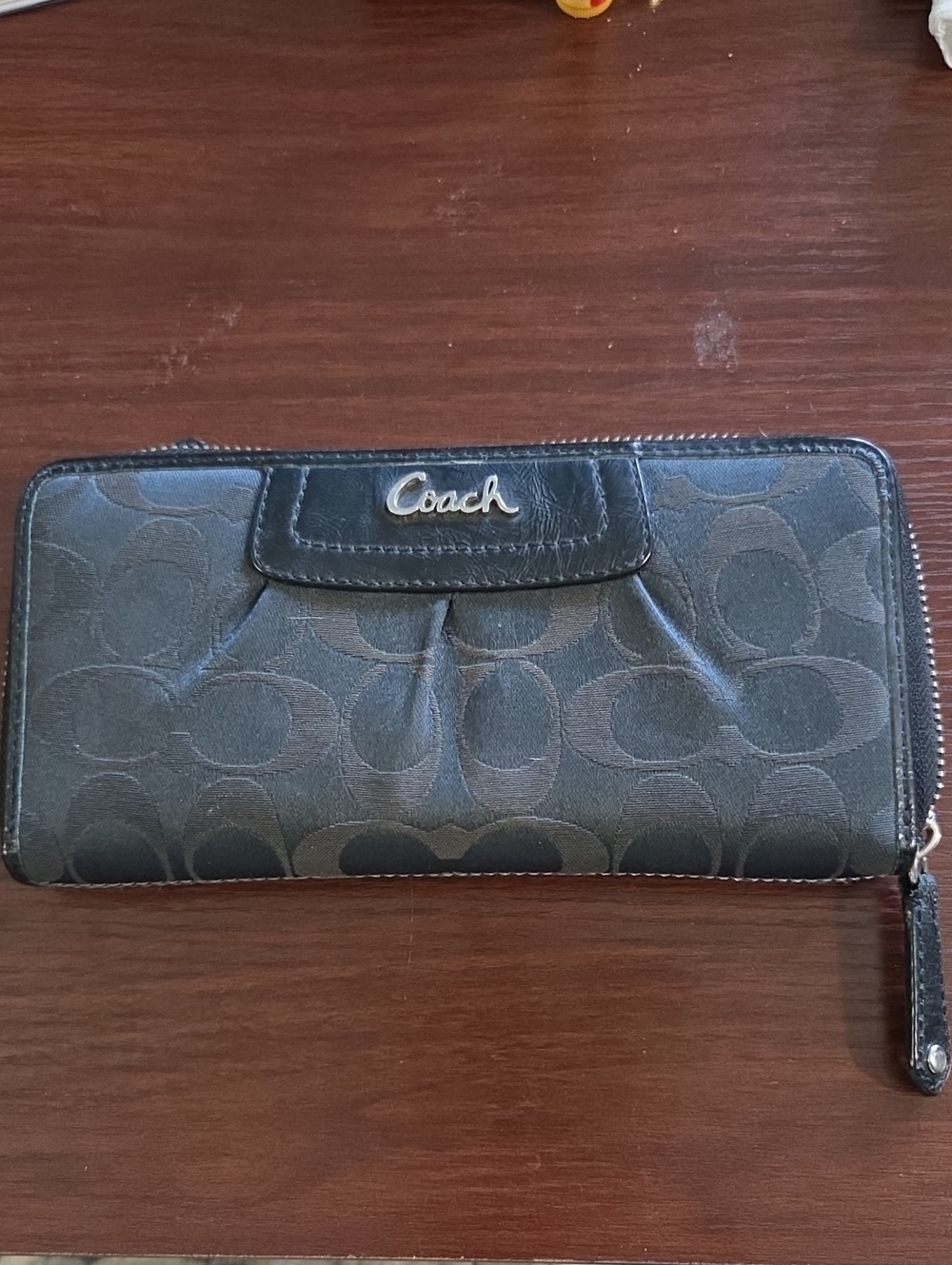Coach Black Signature Zip Wallet with Logo Plaque